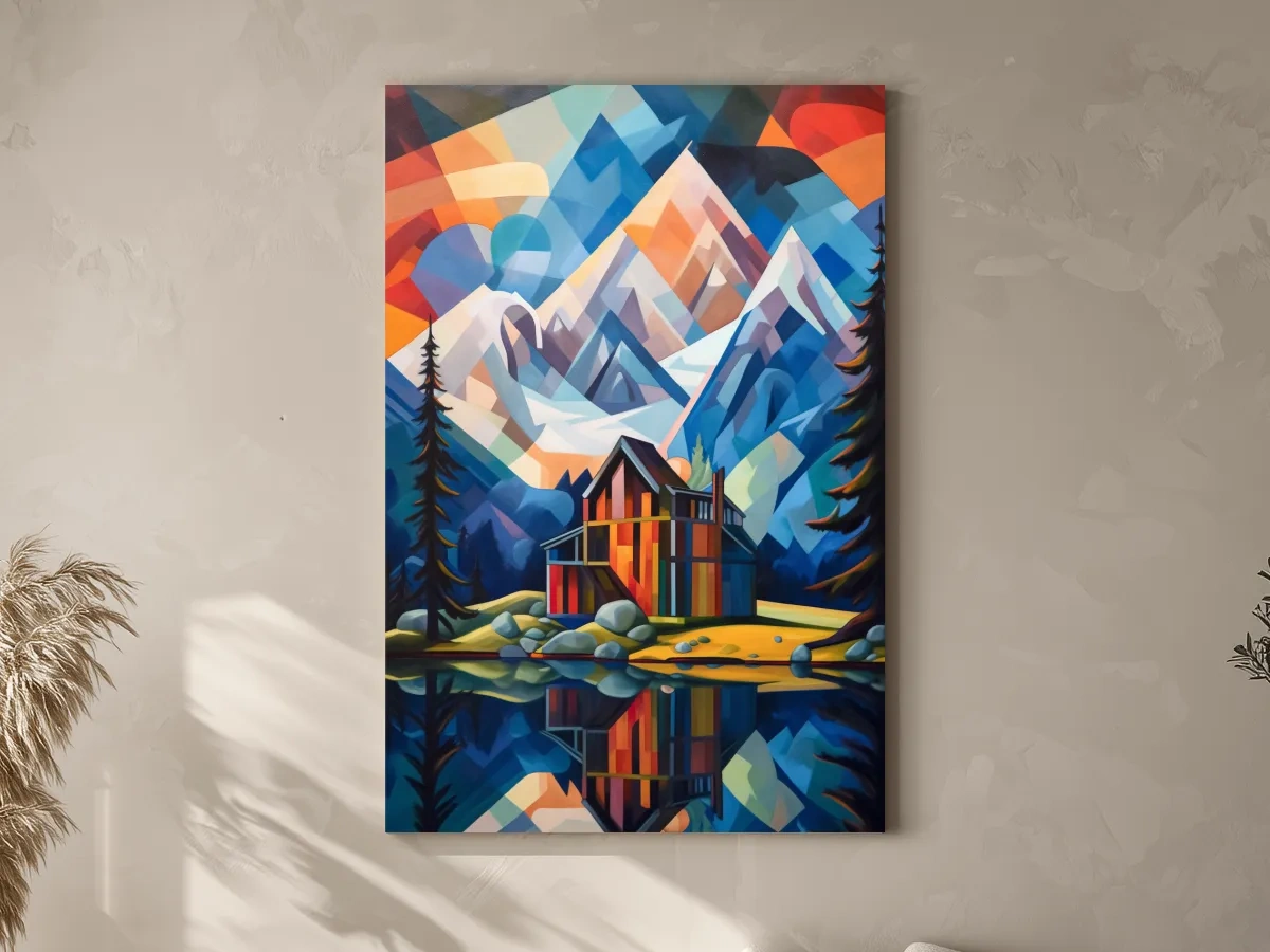 Vibrant Geometric Mountain Lake Cabin Painting - Abstract Alpine Wall Art