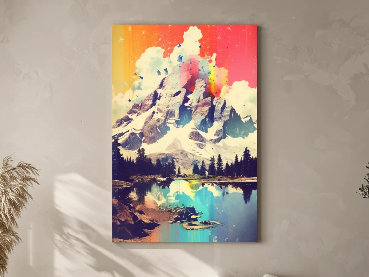 Vibrant Abstract Mountain Lake Painting - Colorful Alpine Landscape Wall Art