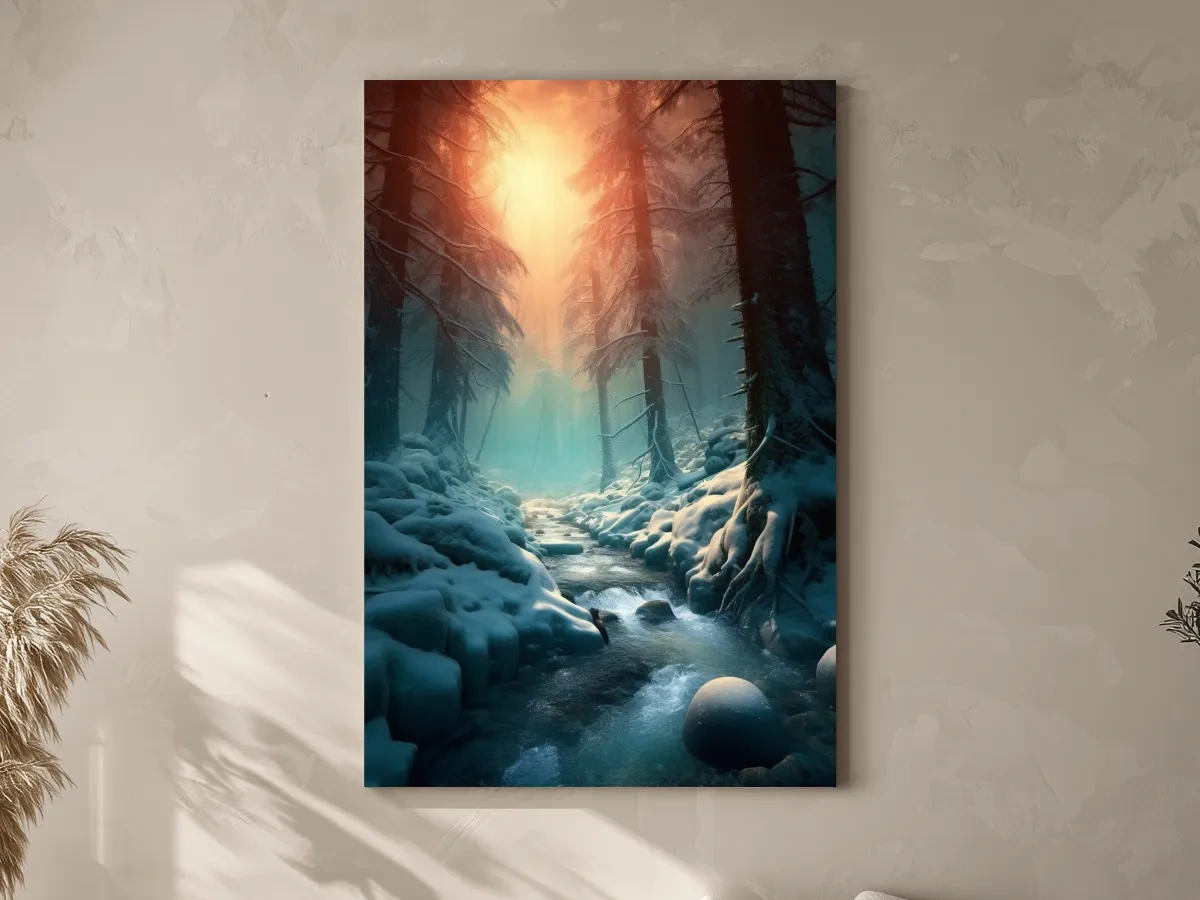 Misty Winter Forest Stream At Sunrise - Photographic Landscape Wall Art