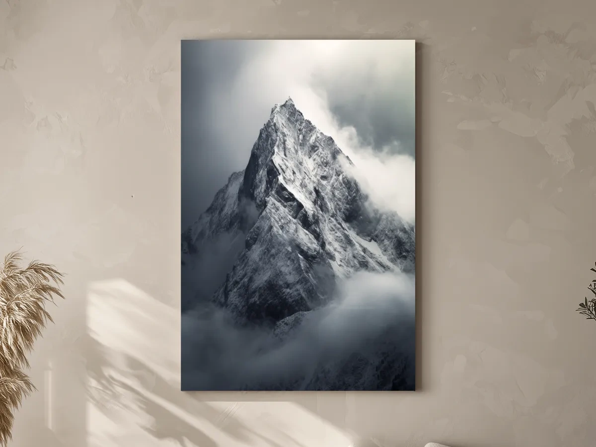 Photographic art, ominous snow capped mountain in the clouds