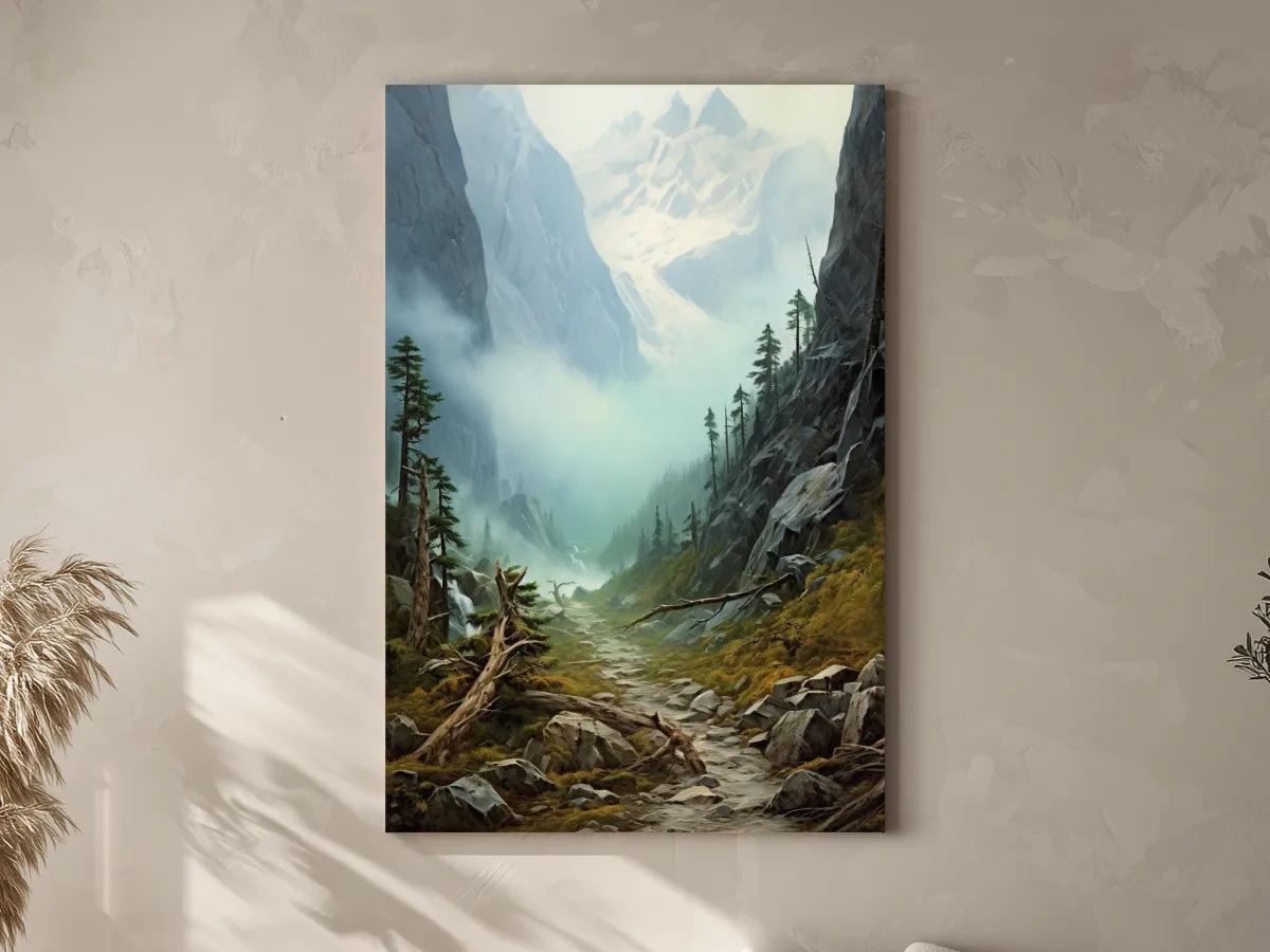 Painting of a foggy alpine scene