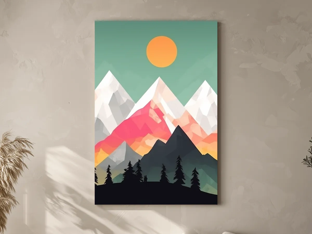 Geometric Sunset Mountain Peaks With Pine Silhouettes - Modern Colourful 2D Wall Art