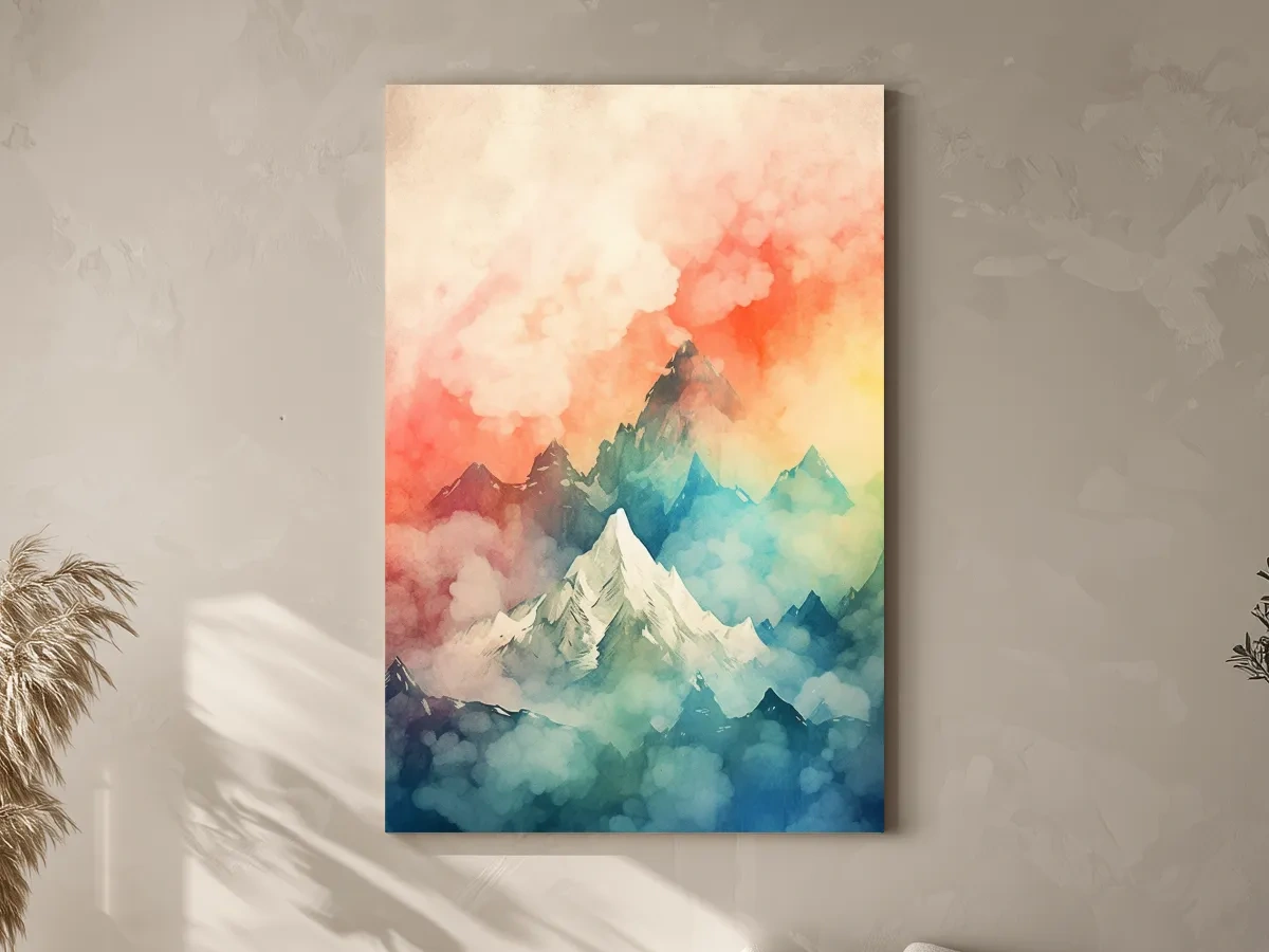 Colourful watercolour painting of a mountain landscape