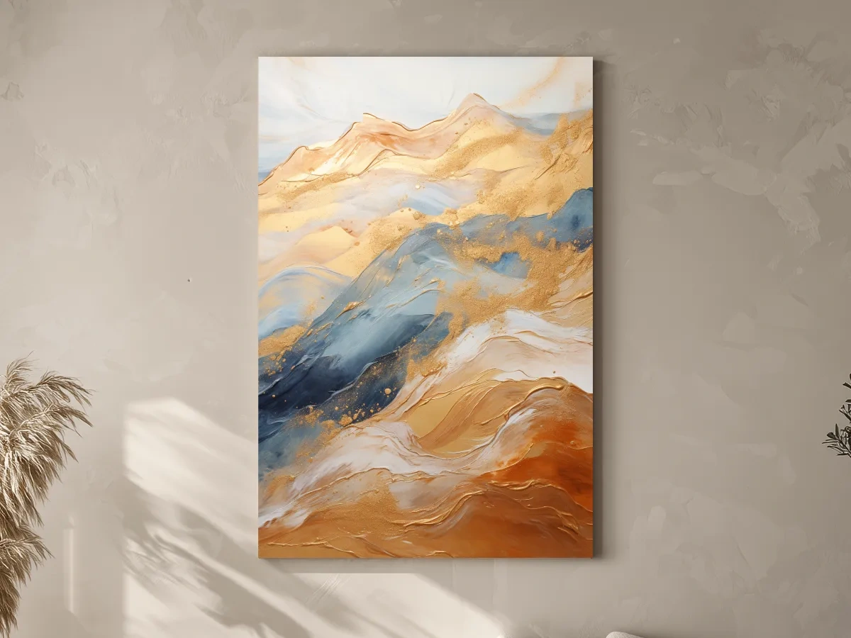 Abstract Gold And Blue Mountain Landscape - Modern Fluid Marble Wall Art