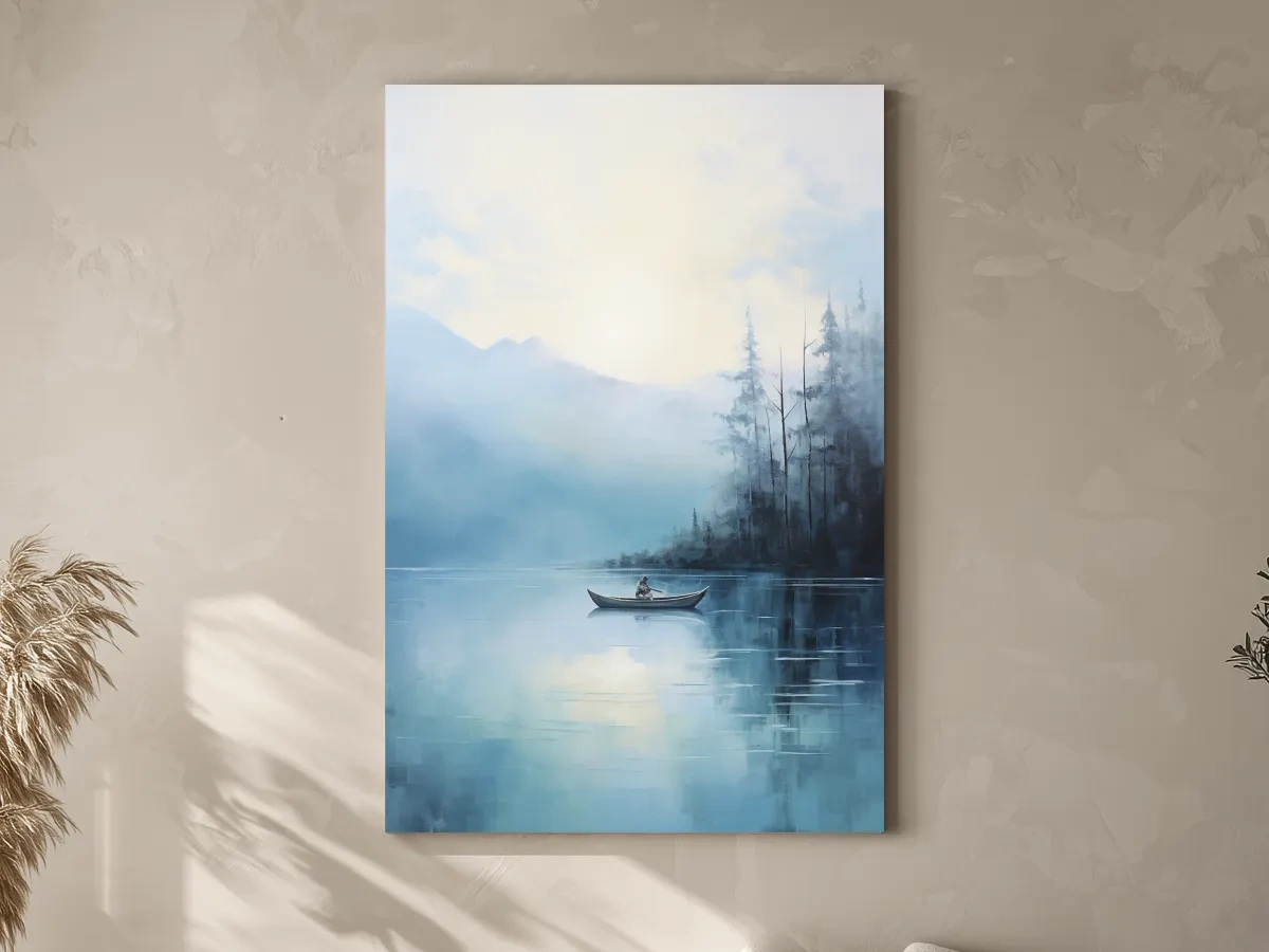 Misty Turquoise Mountain Lake Canoe Painting - Serene Forest Landscape Wall Art