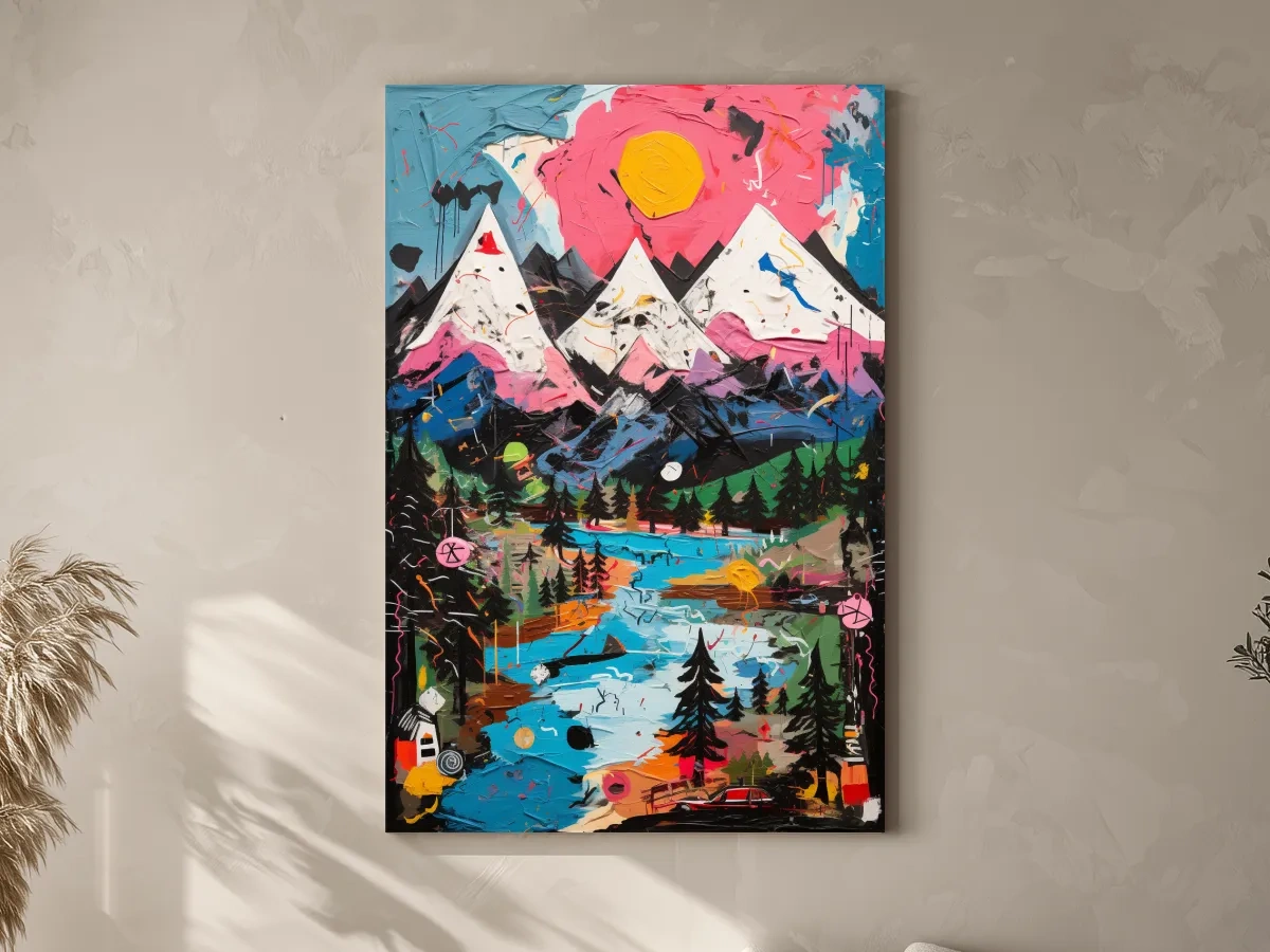 Vibrant Abstract Mountain Lake Sunset Painting - Colorful Modern Landscape Wall Art