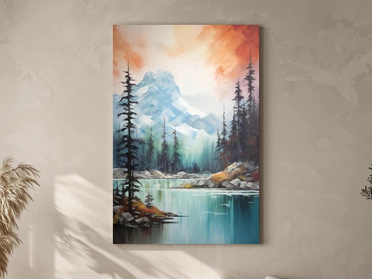 Turquoise Alpine Lake & Pine Forest Sunset Watercolor - Serene Mountain Landscape Wall Art