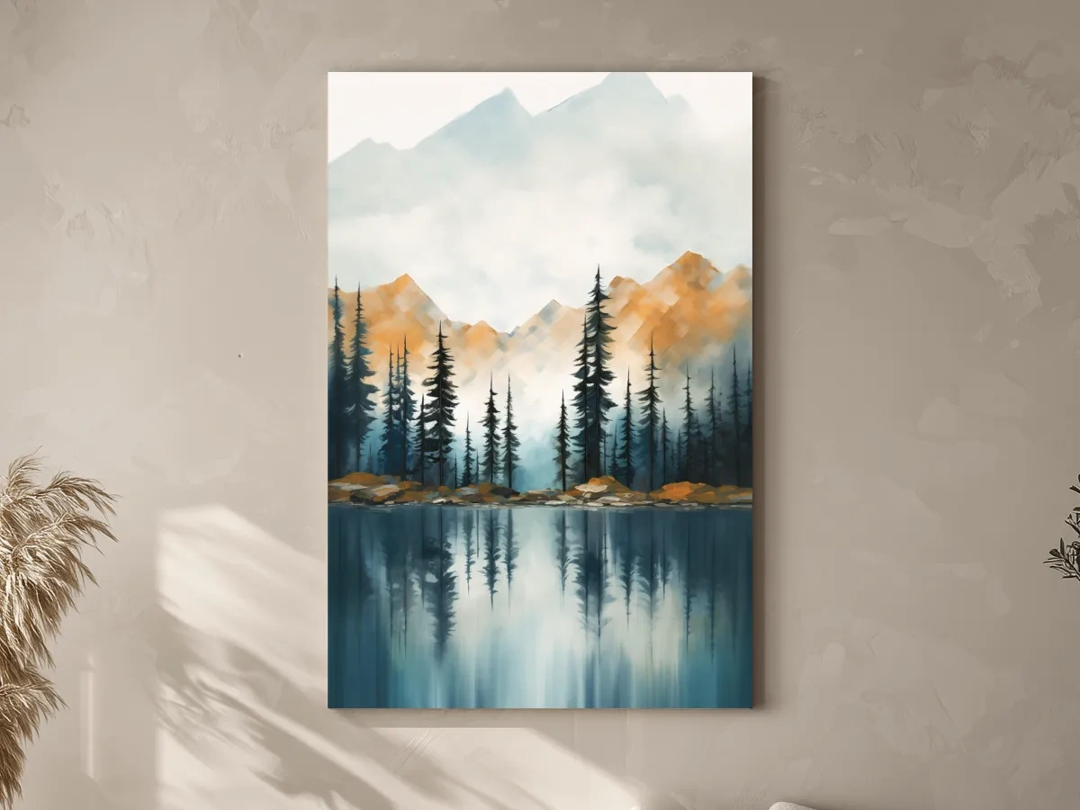 Misty Watercolor Mountain Lake Reflection - Serene Pine Forest Landscape Wall Art