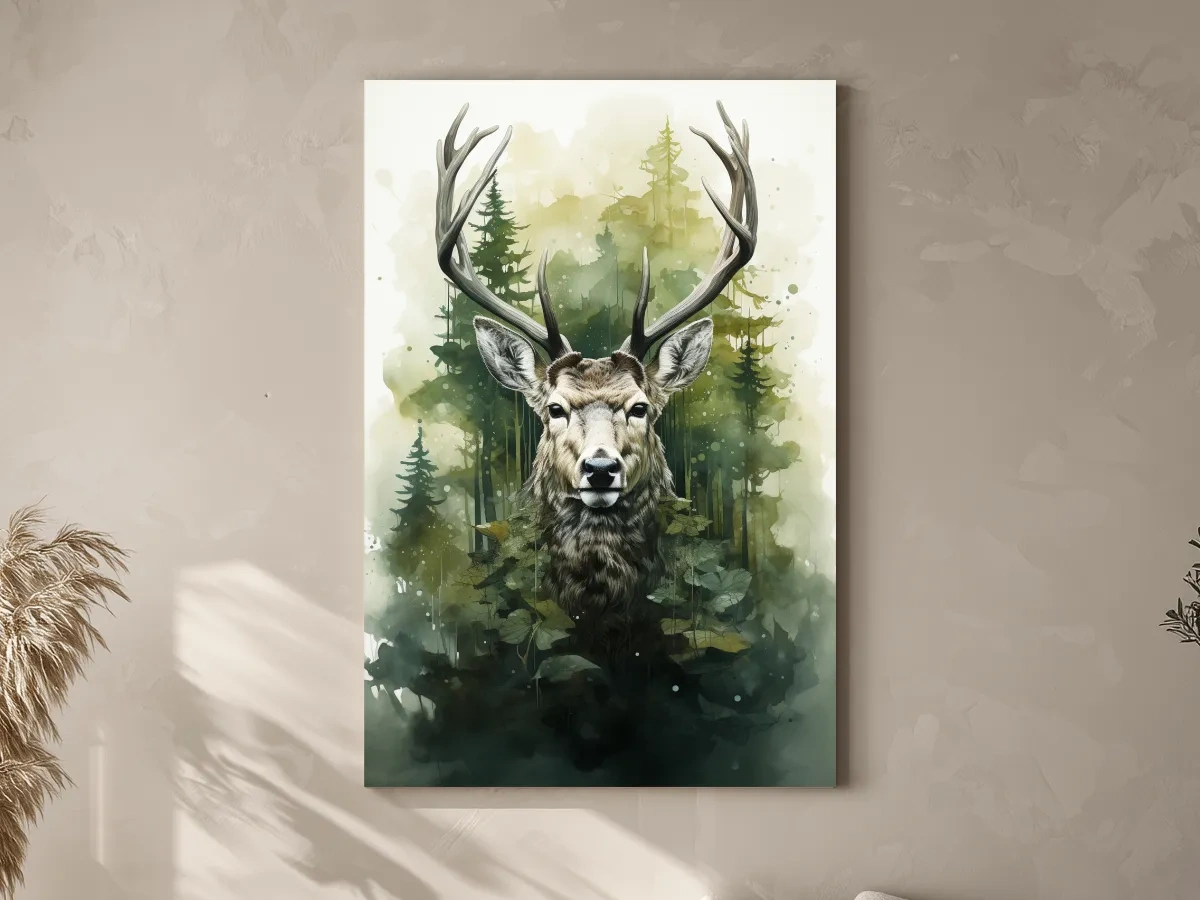 Watercolor Deer Portrait In Misty Pine Forest - Woodland Wildlife Wall Art