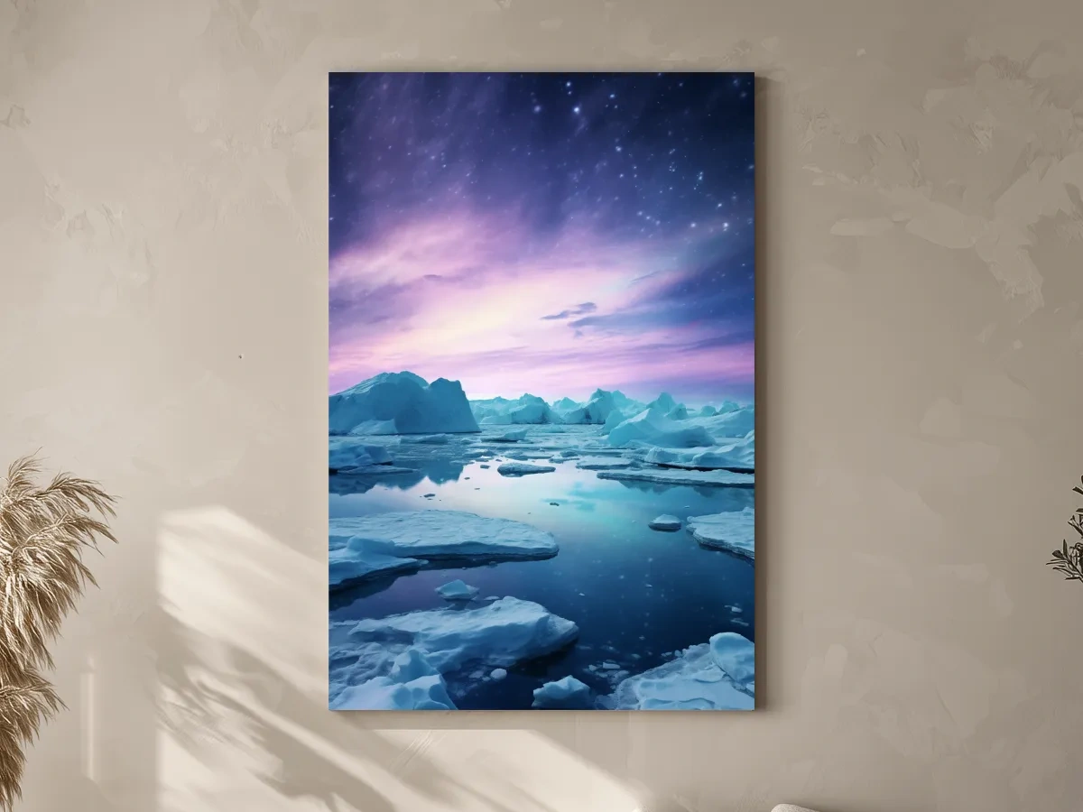 Surreal photography, purple northern lights over the arctic ice