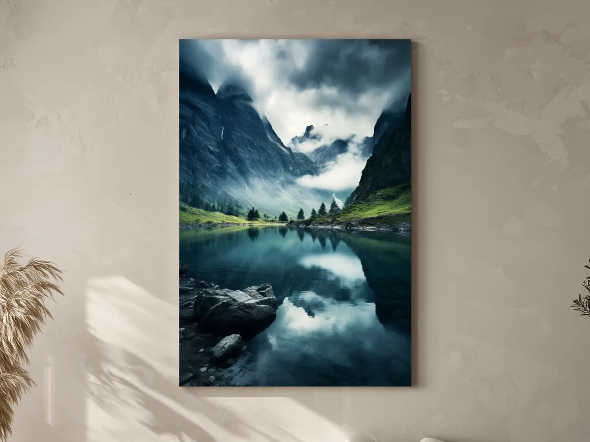 Moody Misty Alpine Lake Reflection - Dramatic Photographic Mountain Wall Art