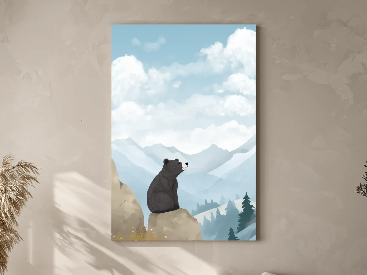Whimsical Black Bear Mountain Landscape Illustration - Cute Animal Nursery Wall Art