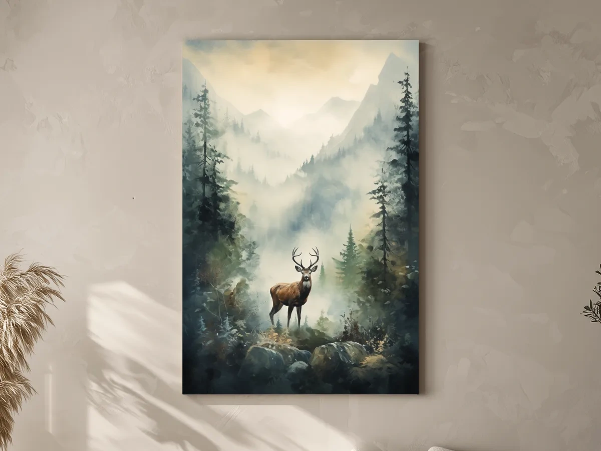 Misty Alpine Forest Deer Painting - Atmospheric Mountain Wildlife Wall Art