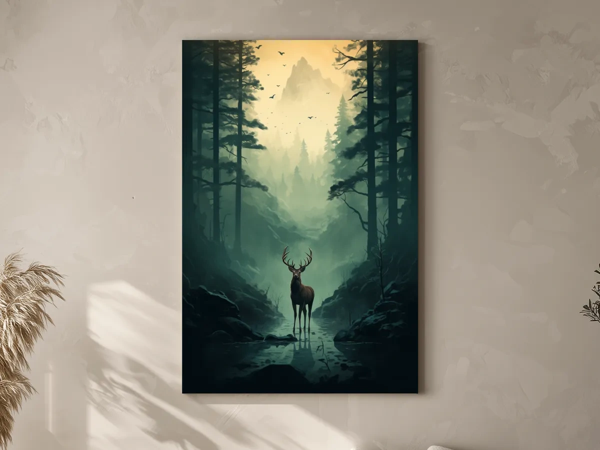 Moody Misty Forest Deer Stag Landscape - Atmospheric Wildlife Mountain Wall Art