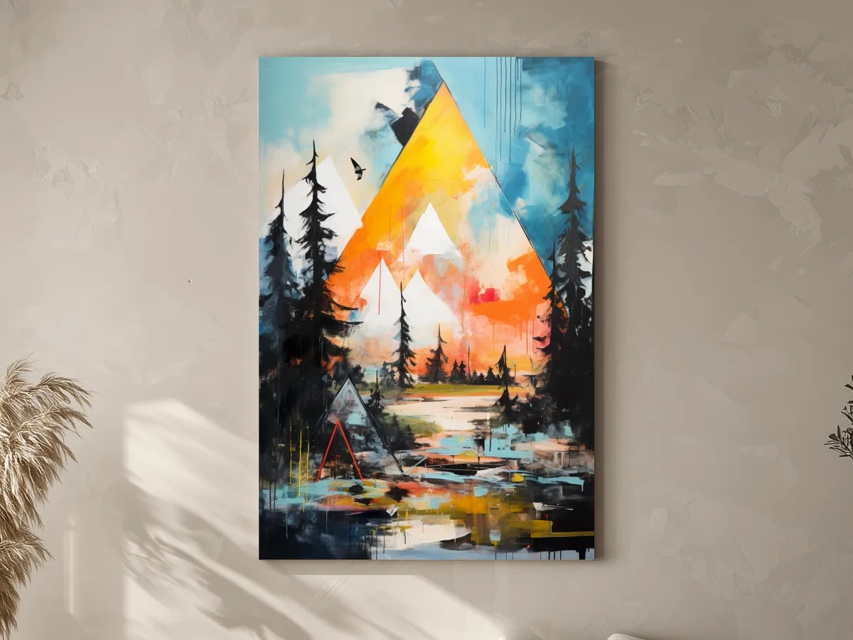 Vibrant Abstract Mountain Painting - Modern Geometric Alpine Forest Wall Art