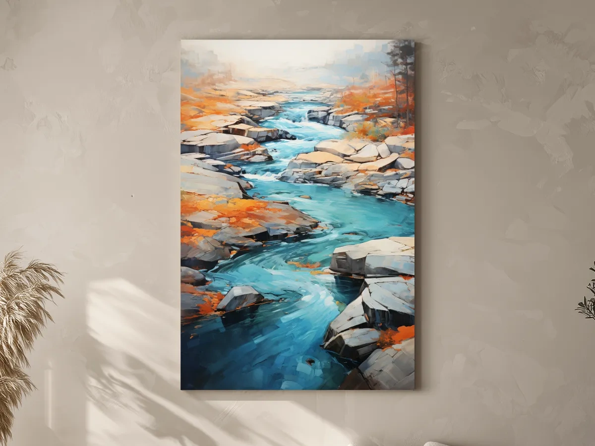 Serene painting of a river flowing through the rocks in fall