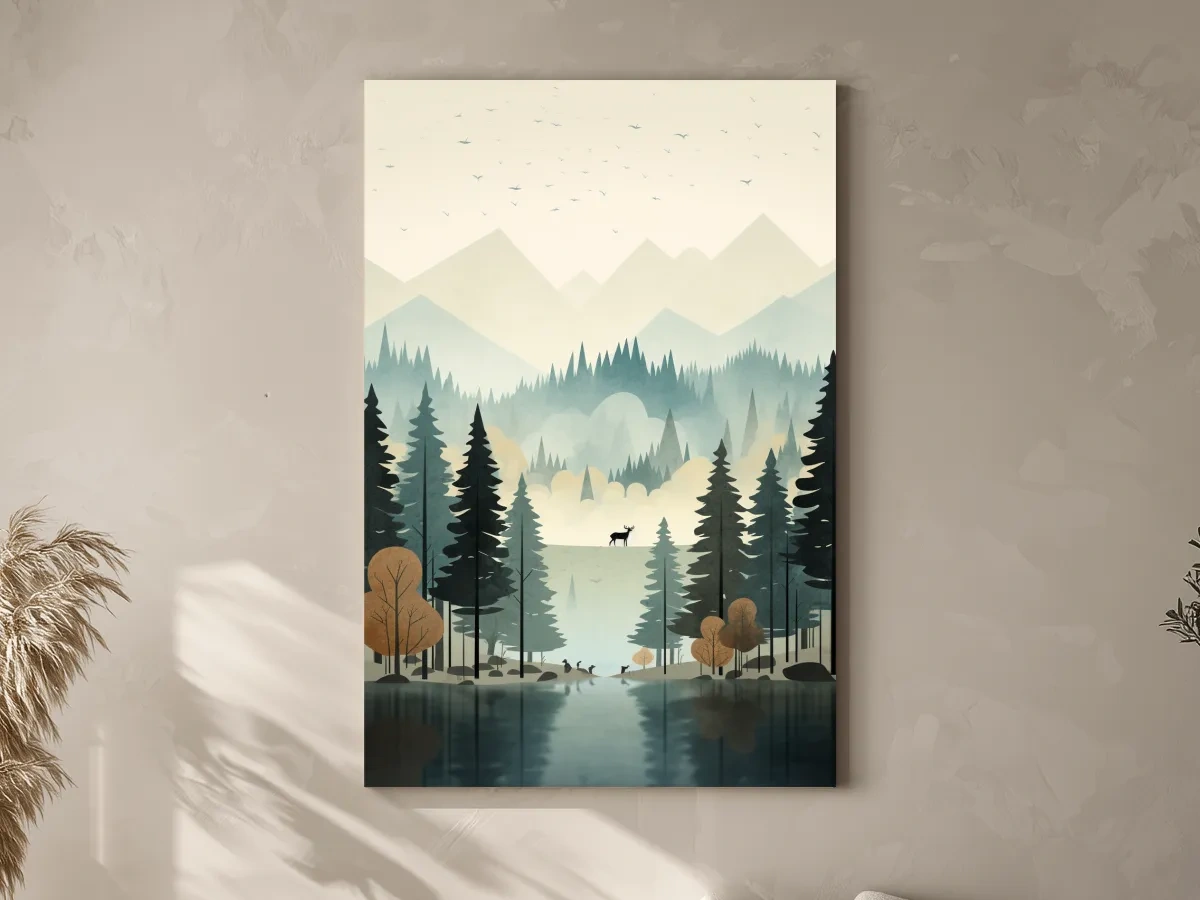 Alpine Lake Forest With Deer - Scandinavian Minimalist Wall Art
