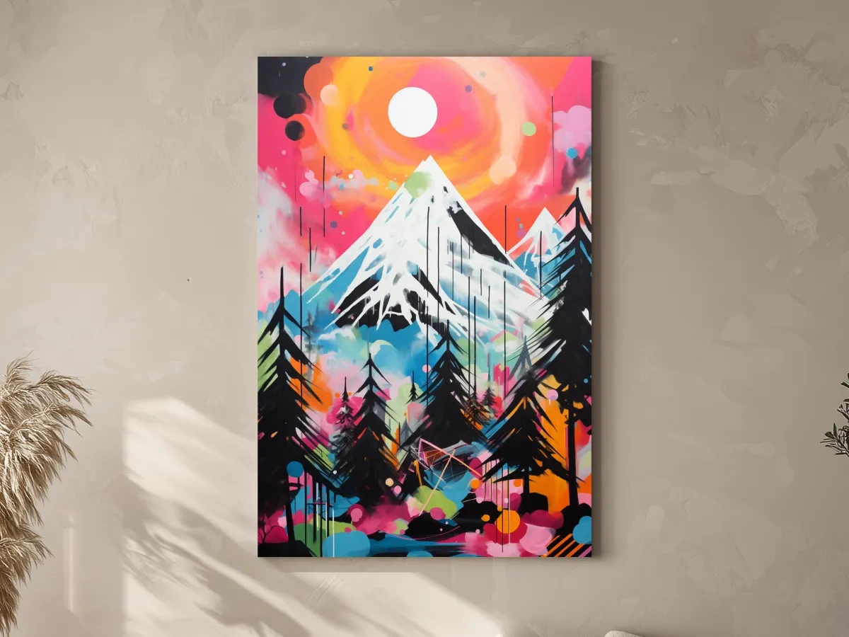 Vibrant Abstract Neon Mountain Glacier Sunset Painting - Colorful Alpine Wall Art