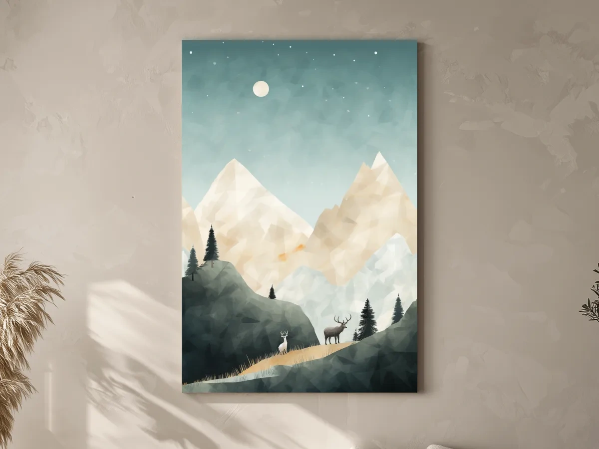 Mountain Deer Landscape Illustration - Minimalist Alpine Forest Wildlife Wall Art