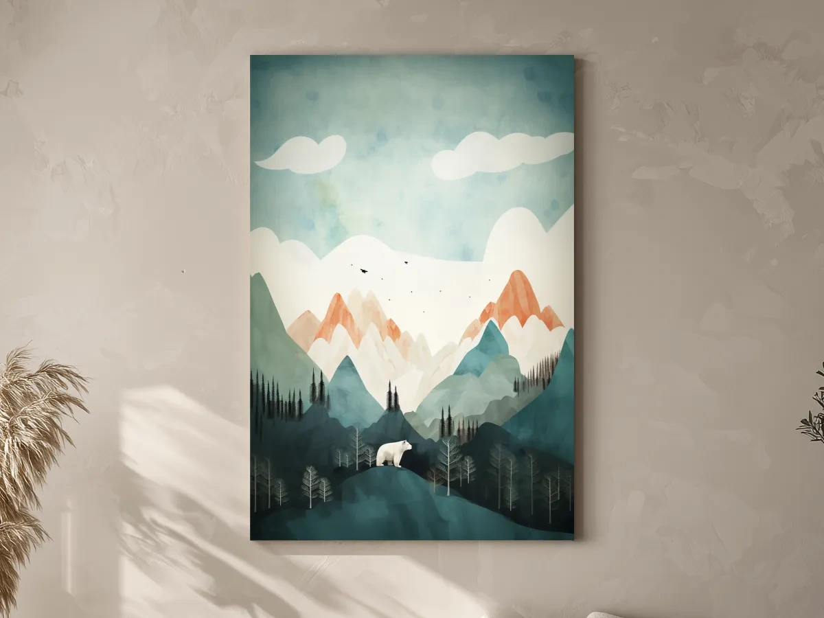 Whimsical Bear Alpine Mountain Landscape - Childrens Nursery Wall Art