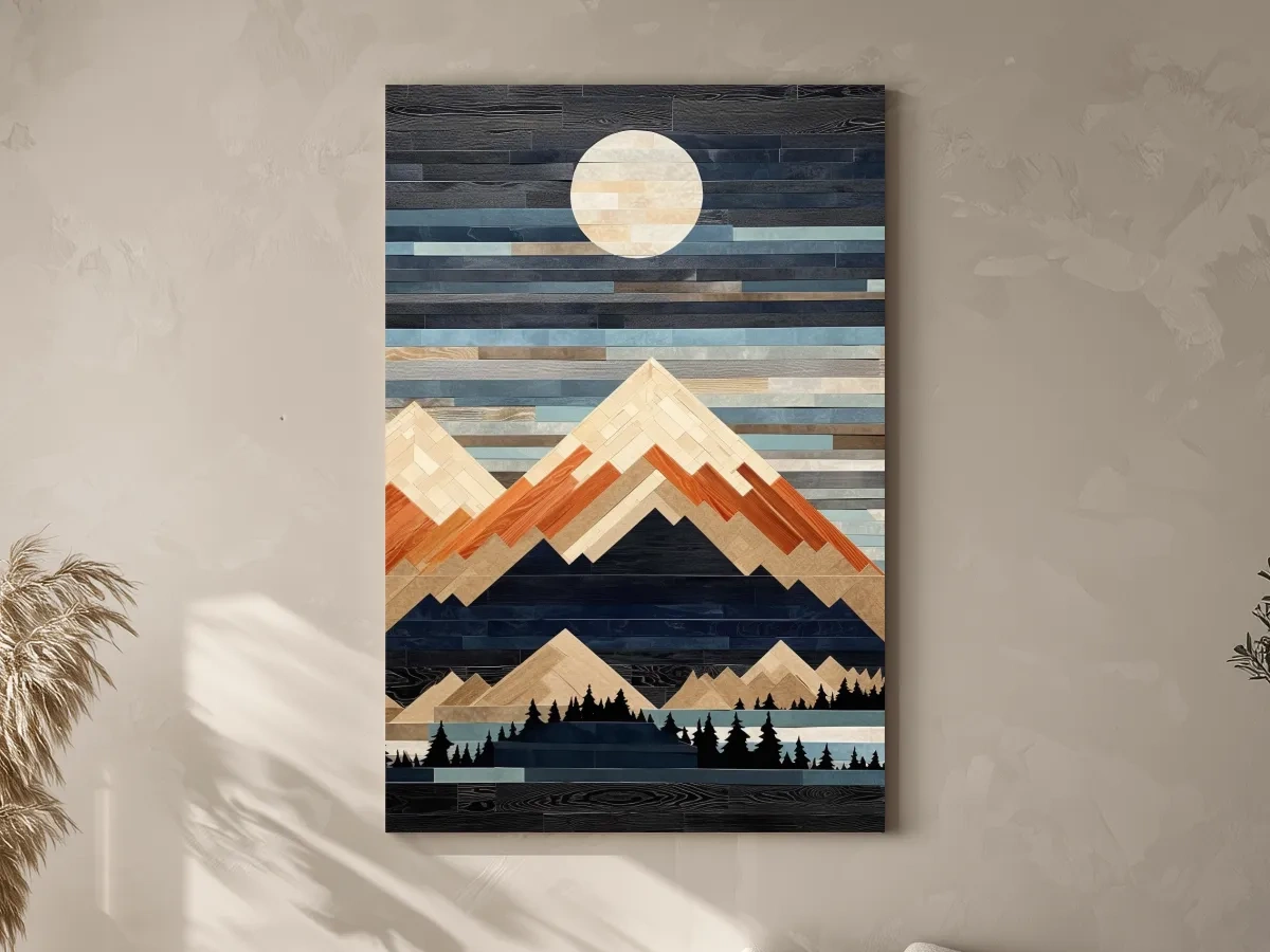 Geometric Wood Mosaic Mountain Range Under Full Moon - Modern Rustic Landscape Wall Art
