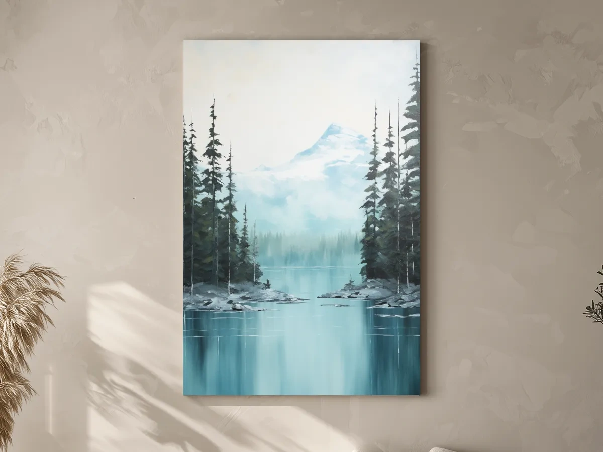 Turquoise Alpine Lake & Pine Forest Watercolor - Serene Mountain Landscape Wall Art