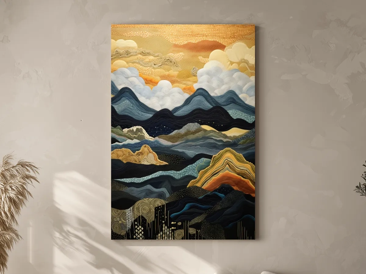Layered Tapestry Mountain Range Sunrise - Abstract Mixed Media Landscape Wall Art