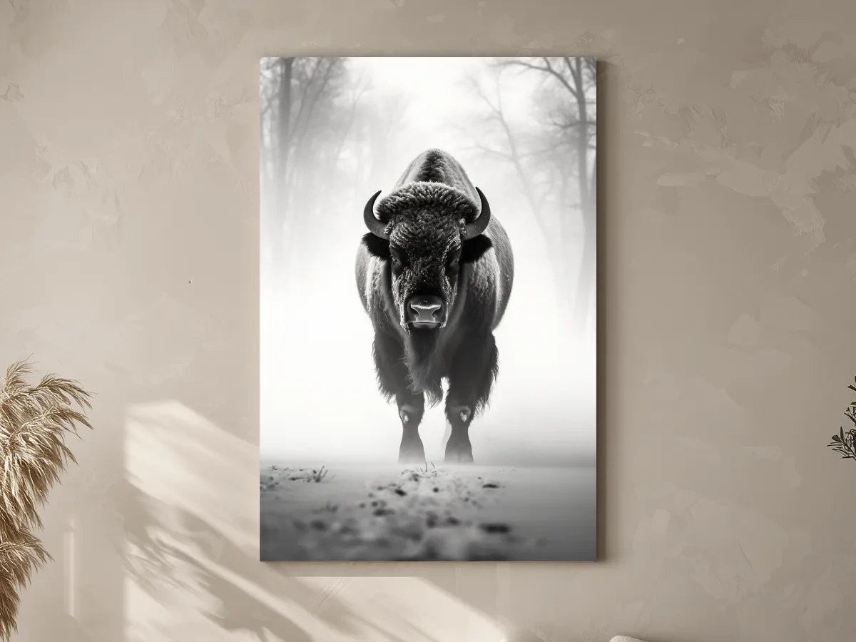 Moody Black And White Bison Portrait - Foggy Winter Wildlife Wall Art