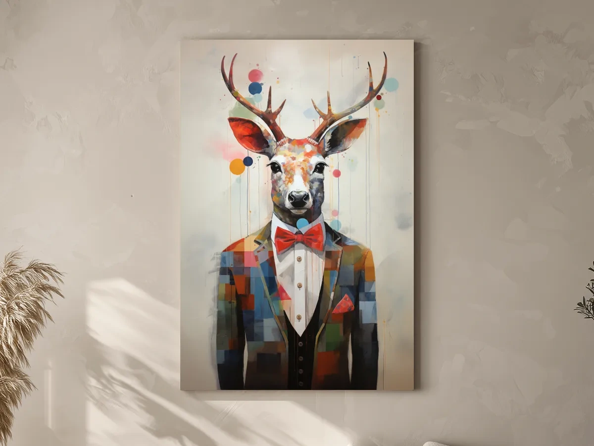 A collage style painting of a deer in a tuxedo