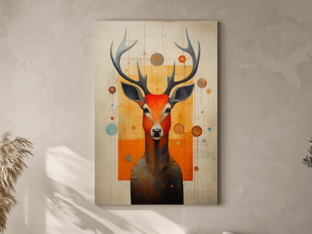 Mid Century Abstract Stag Portrait Painting - Quirky Wildlife Wall Art