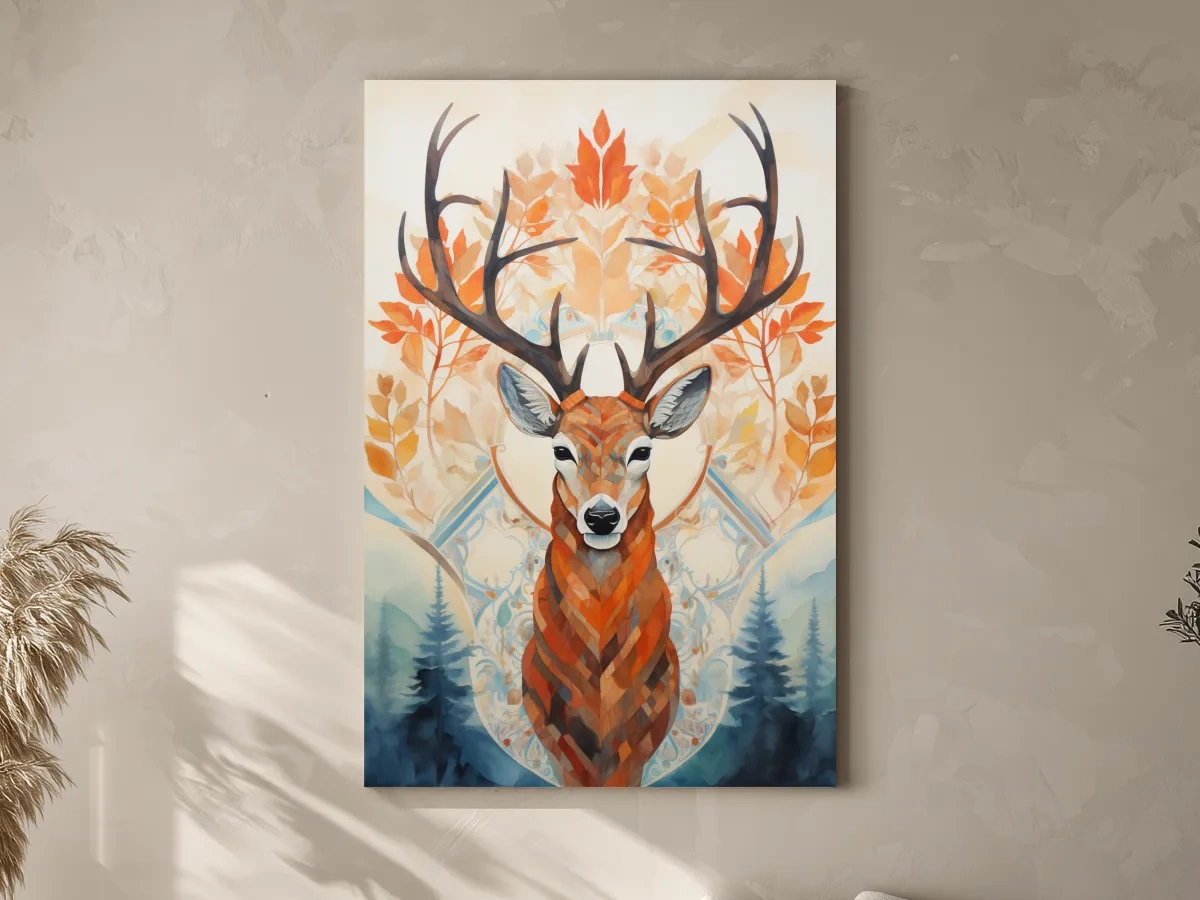 Ornate Stag Deer Watercolor Portrait - Autumn Woodland Wildlife Wall Art