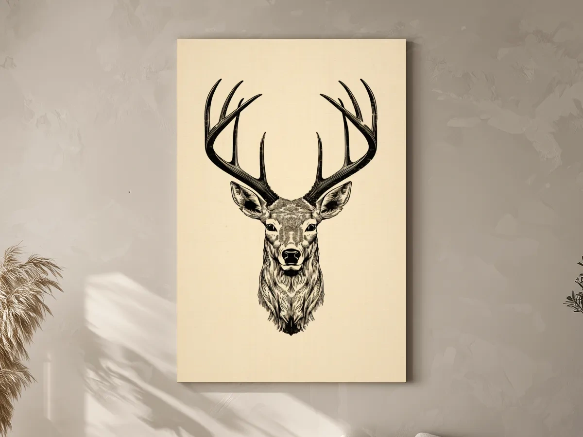 Vintage Deer Head Line Drawing Artwork - Minimalist Wildlife Tattoo Wall Art
