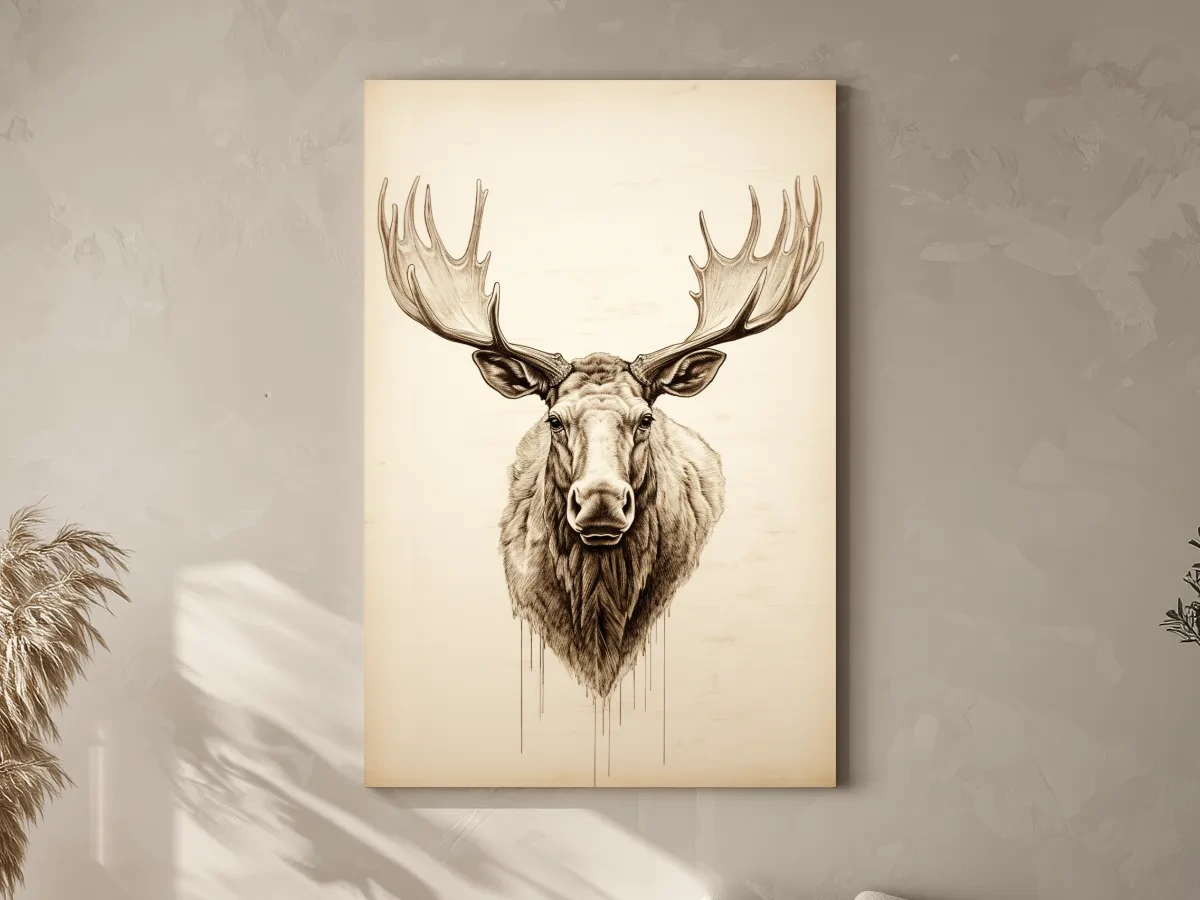 Rustic Moose Head Sketch Illustration - Vintage Sepia Wildlife Wall Art