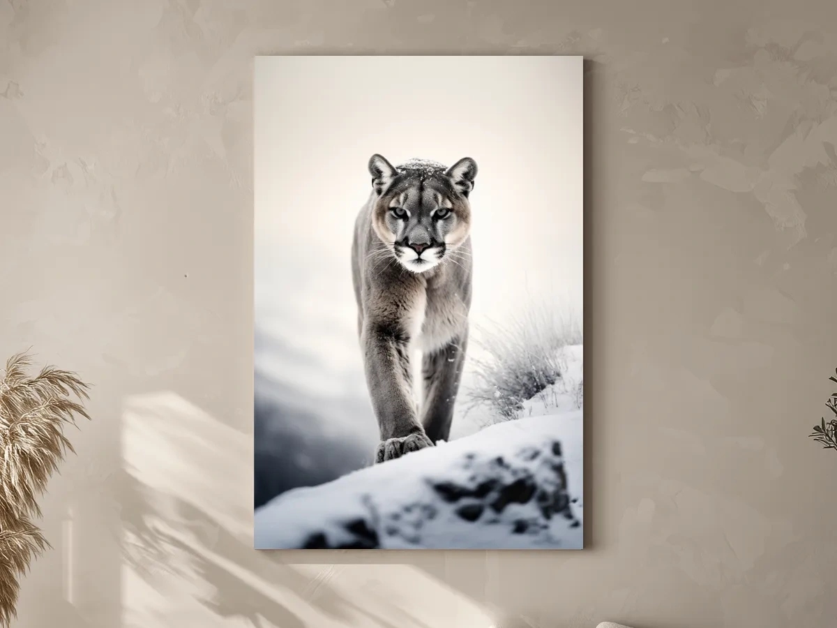 Photograph of a mountain lion walking in snow