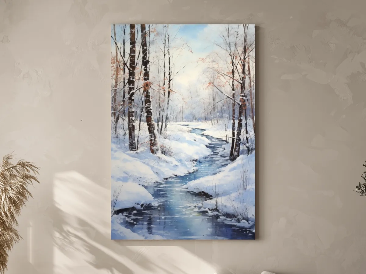 Serene Winter River Forest Painting - Snowy Woodland Wall Art