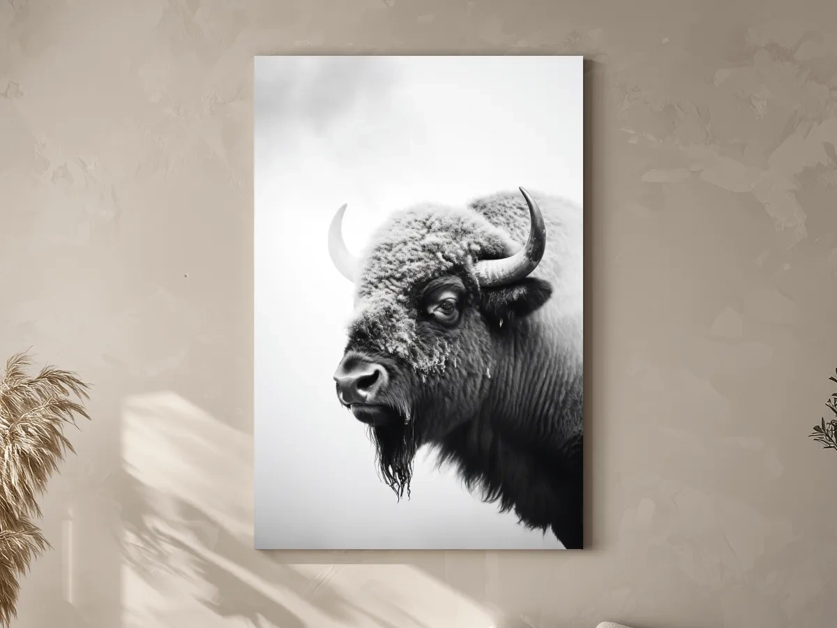 Moody Black And White Bison Portrait - Minimalist Photographic Wildlife Wall Art