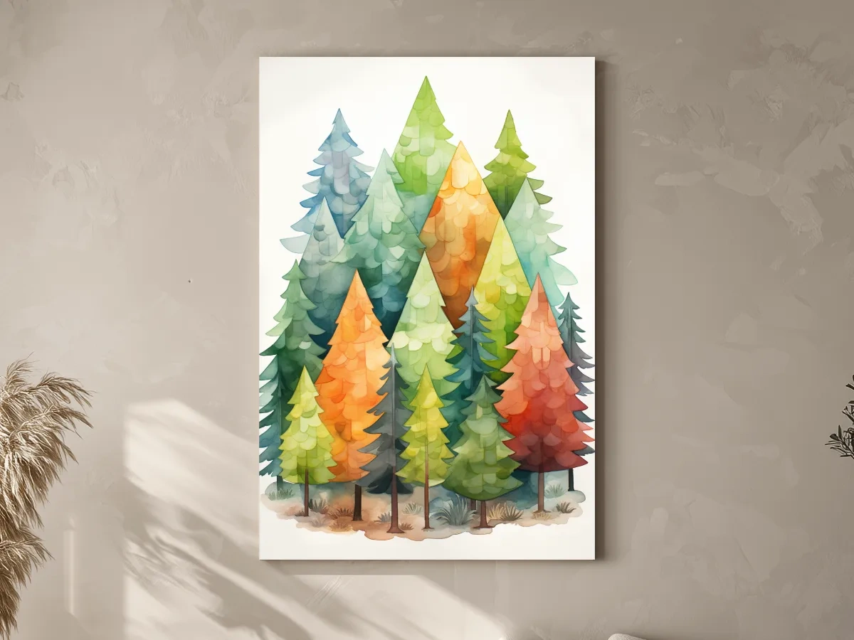 Whimsical Watercolor Pine Forest Illustration - Colorful Scandinavian Nature Wall Art