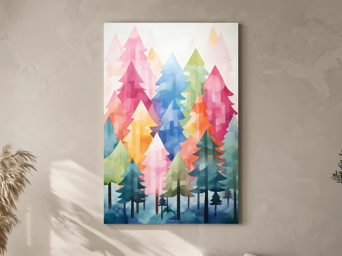 Colorful Watercolor Pine Forest Illustration - Whimsical Scandinavian Boho Wall Art