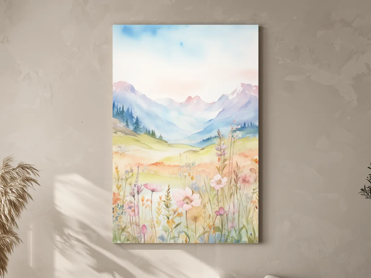 Pastel Watercolor Wildflower Meadow Mountains - Serene Floral Alpine Wall Art