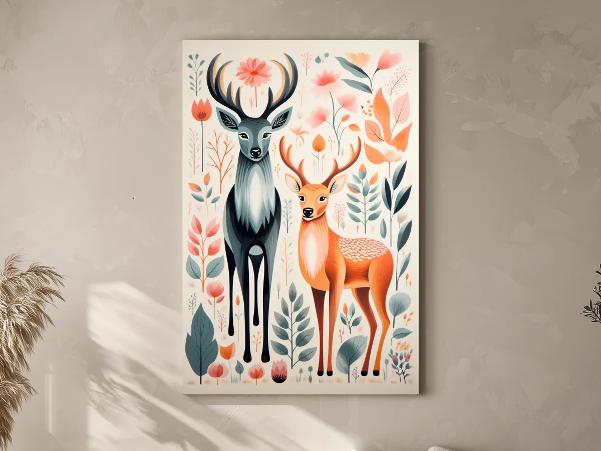 Flat colour vector print of deers and foliage, folk art style