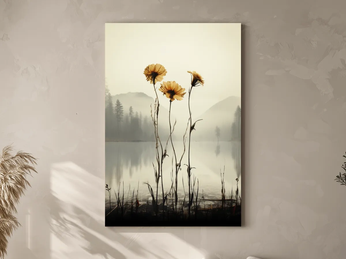 Wildflower Misty Lake Landscape - Minimalist Botanical Wall Art