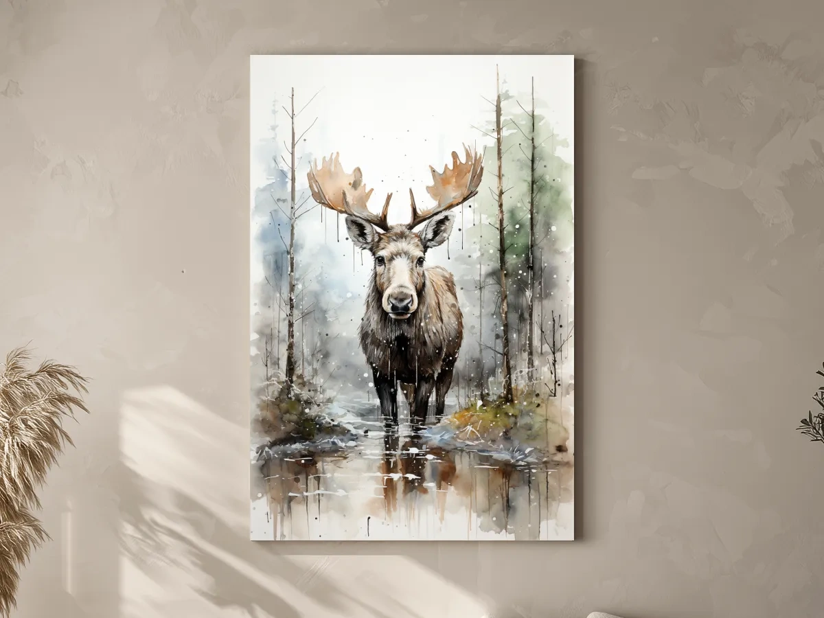 Watercolor Moose In Misty Forest - Rustic Woodland Wildlife Painting Wall Art