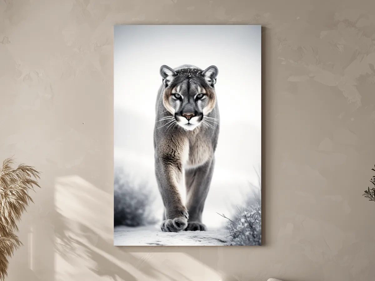Snowy Cougar Close Up Wildlife Portrait - Winter Nature Wall Art