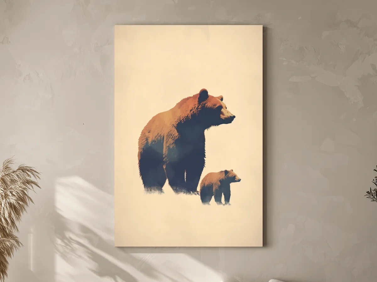 Minimalist Grizzly Bear Mother And Cub Artwork - Neutral Wildlife Wall Art