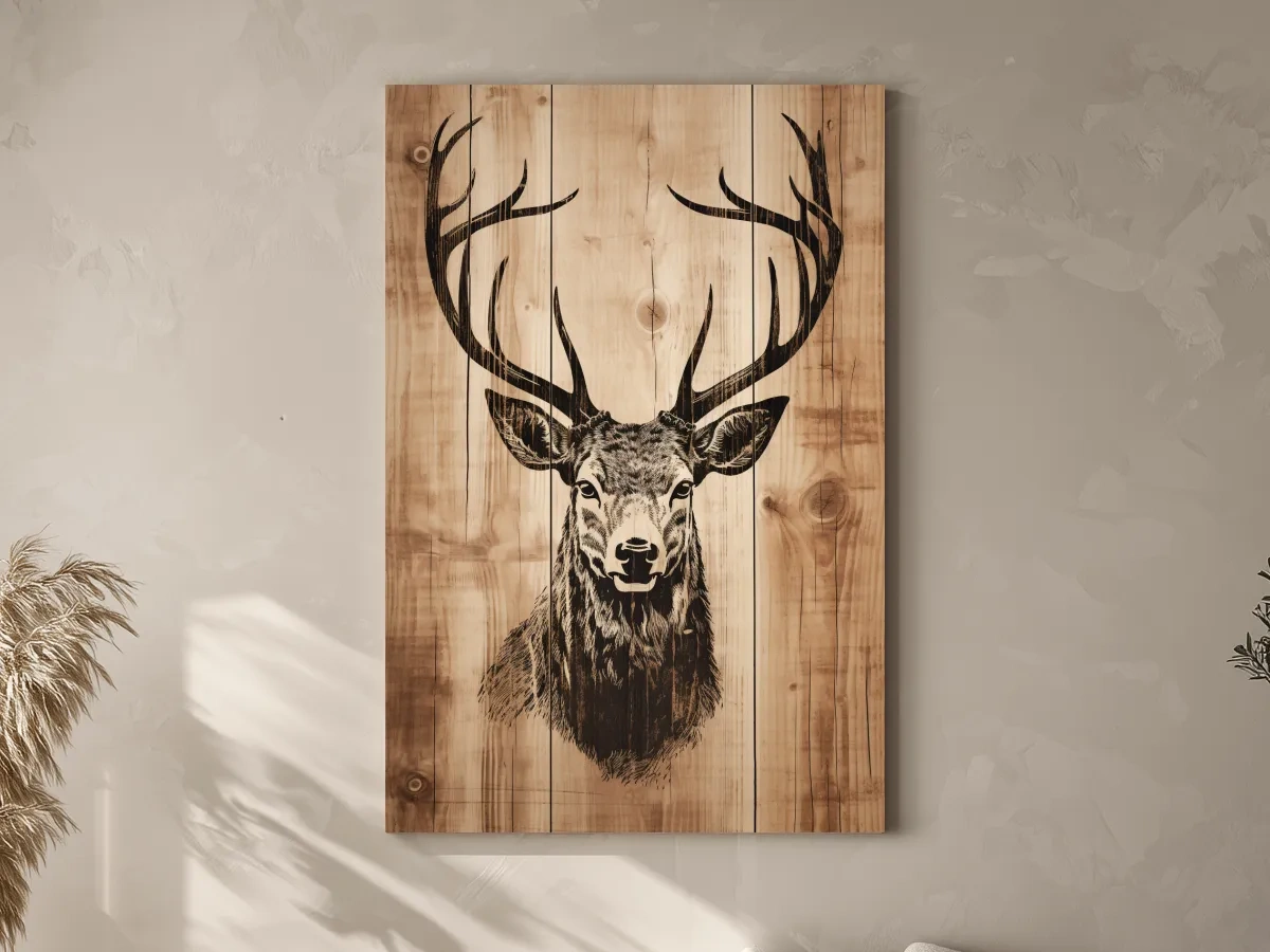 Rustic Deer Head Woodburn Style Portrait - Lodge Cabin Wildlife Wall Art