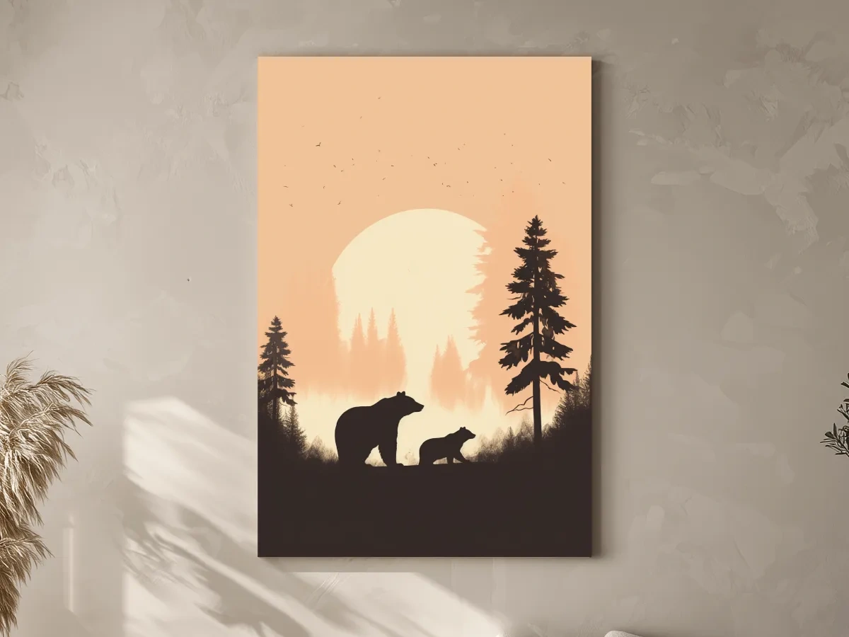 Momma Bear & Cub Silhouettes At Sunset - Minimalist Forest Wildlife Wall Art