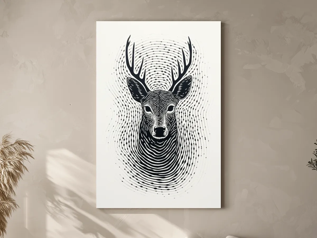 Psychedelic Deer Head Fingerprint Line Art - Black And White Wildlife Wall Art
