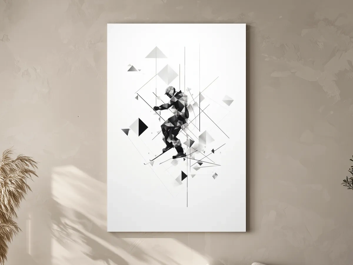 Monochrome Geometric Skier Silhouette - Abstract Winter Sports Wall Art