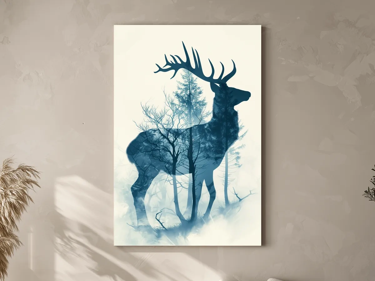 Moody Double Exposure Stag Silhouette - Misty Forest Wildlife Wall Art