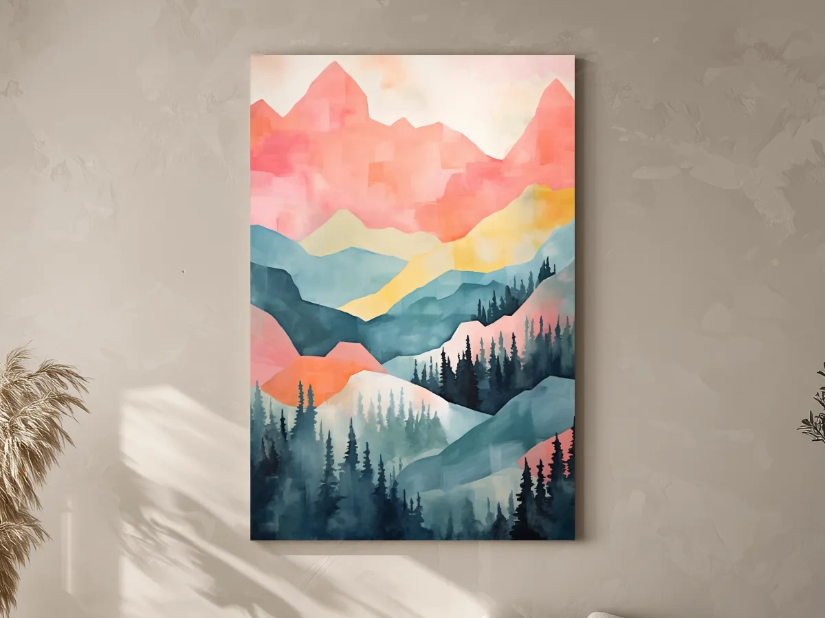 Abstract Watercolor Mountain Sunrise Landscape - Pastel Alpine Forest Wall Art